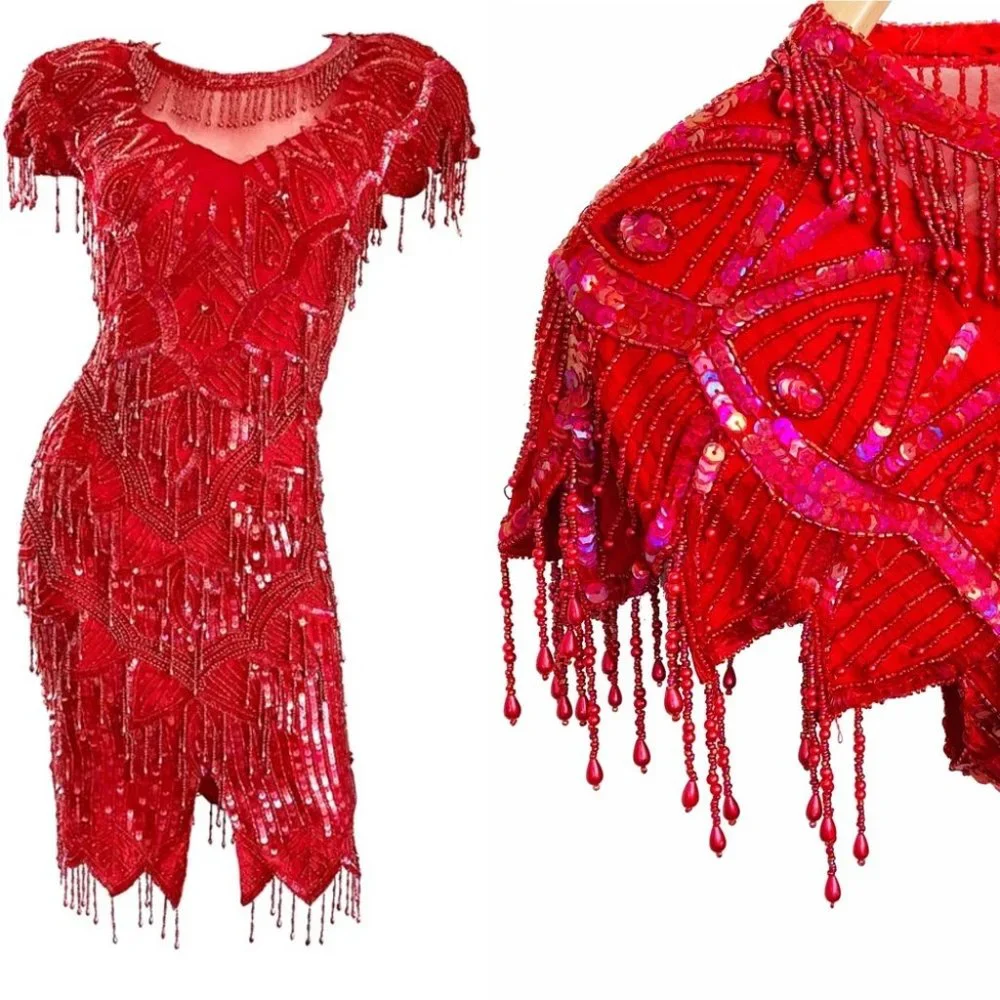 VTG 100% Silk 80s Fringed Beadwork Flapper Dress S - Picture 1 of 15